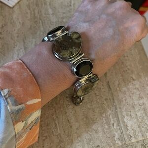 Ammonite and Faceted Oval Brown Gem Sterling Silver Bracelet